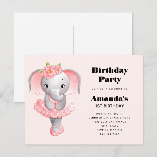 Cute Elephant Ballerina Pink & Gray Birthday Invitation Postcard (Front/Back)