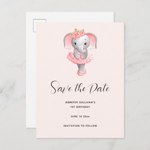 Cute Elephant Ballerina Pink  Gray Save the Date Invitation Postcard