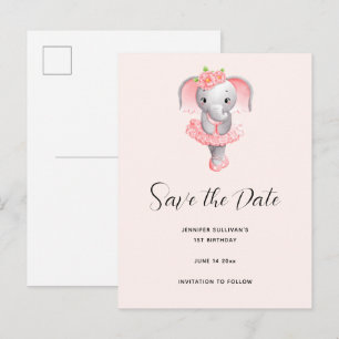 Cute Elephant Ballerina Pink & Gray Save the Date Invitation Postcard