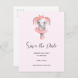 Cute Elephant Ballerina Pink & Gray Save the Date Invitation Postcard