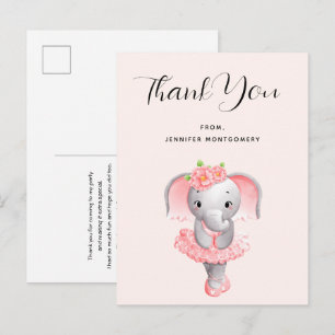 Cute Elephant Ballerina Pink & Gray Thank You Postcard
