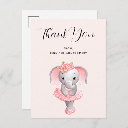 Cute Elephant Ballerina Pink  Gray Thank You Postcard