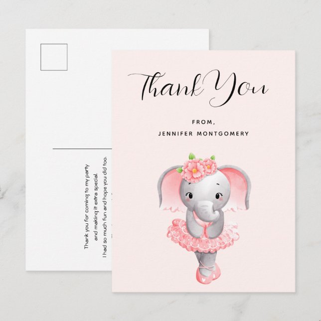 Cute Elephant Ballerina Pink & Gray Thank You Postcard (Front/Back)