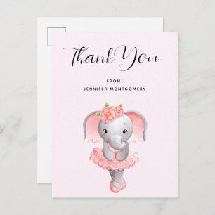 Cute Elephant Ballerina Pink & Gray Thank You Postcard