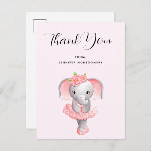 Cute Elephant Ballerina Pink  Gray Thank You Postcard