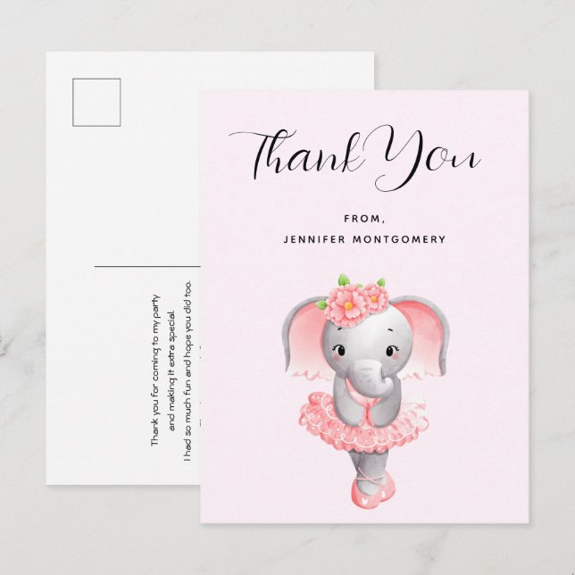 Cute Elephant Ballerina Pink & Gray Thank You Postcard (Front/Back)