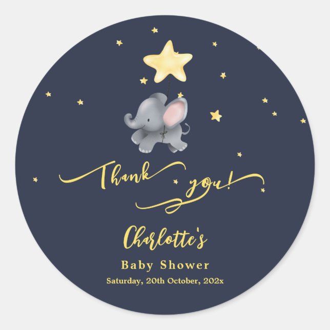 Cute Elephant & Balloon Baby Shower Classic Round Sticker (Front)
