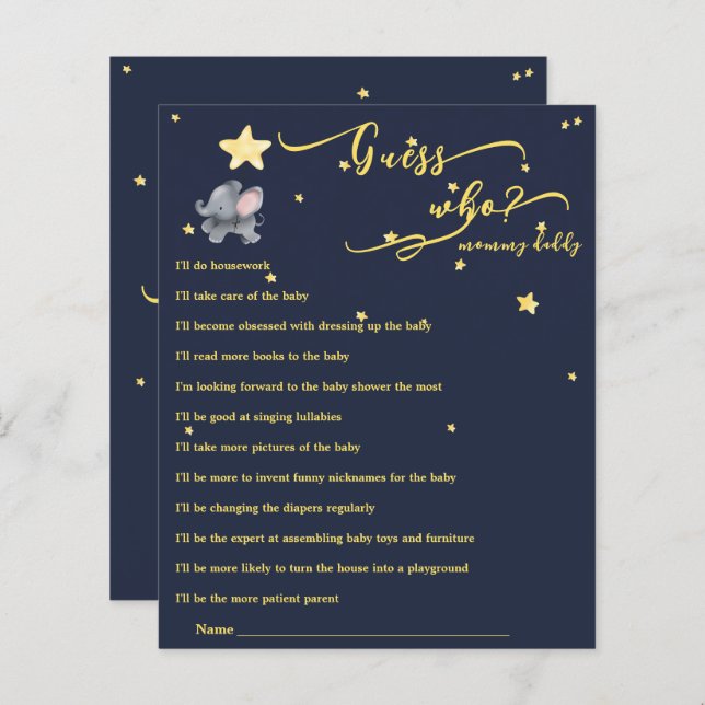 Cute Elephant & Balloon Baby Shower Game (Front/Back)