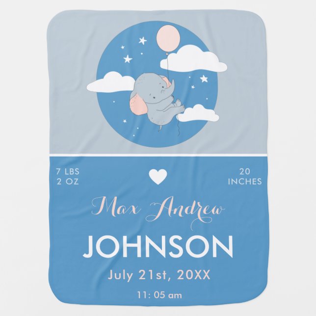 Cute Elephant Balloon Birth Stats Info & Boys Name Baby Blanket (Front)