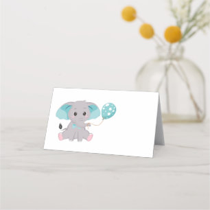 Cute Elephant Balloon Blue Place Card