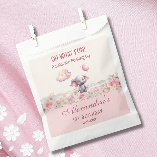 Cute Elephant Balloon Pink Baby Girl 1st Birthday Favor Bag (Creator Uploaded)