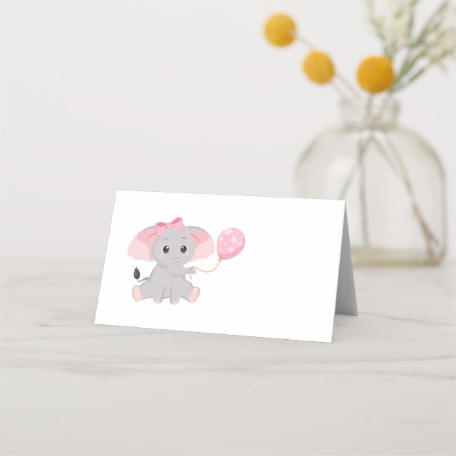 Cute Elephant Balloon Pink Place Card (Front)