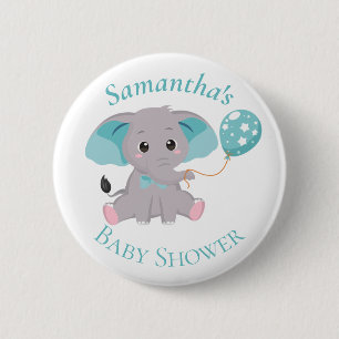 Cute Elephant Balloons Blue Baby Shower Button