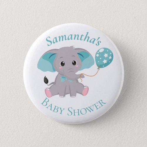 Cute Elephant  Balloons Blue Baby Shower  Button