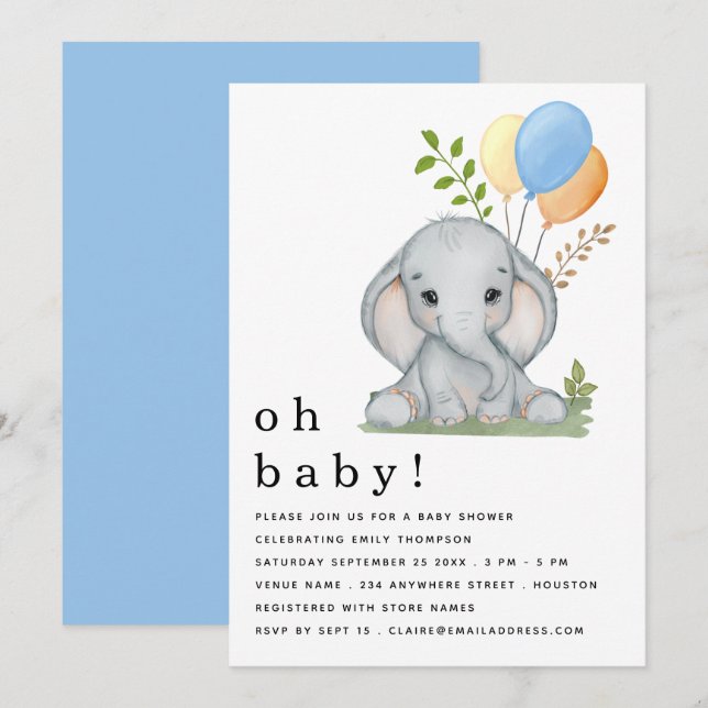 Cute Elephant Balloons Blue Boy Baby Shower Invitation (Front/Back)
