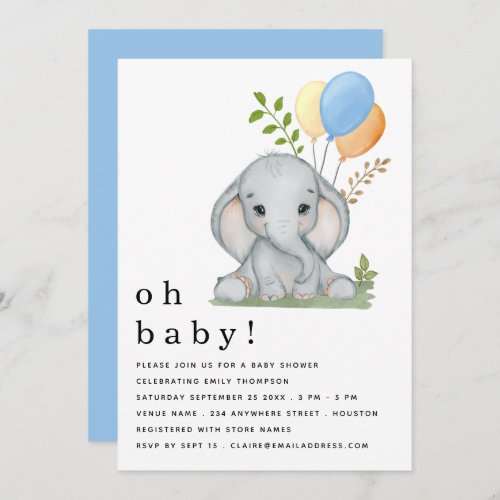 Cute Elephant Balloons Blue Boy Baby Shower Invitation