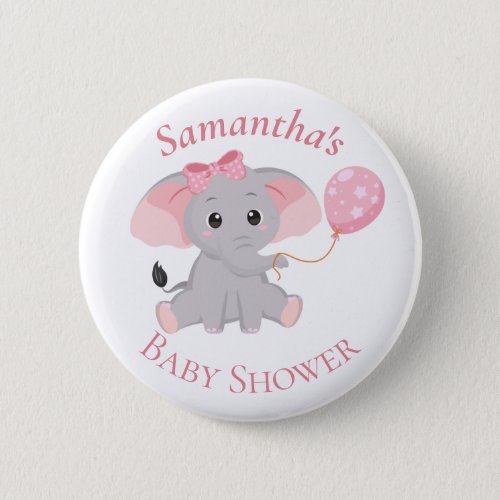 Cute Elephant  Balloons Pink Baby Shower  Button