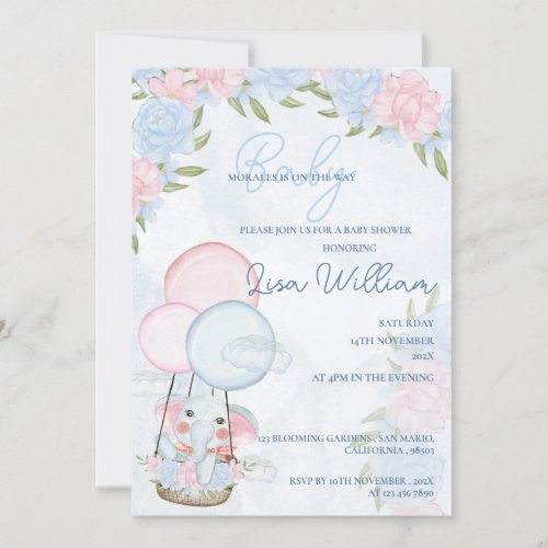 Cute Elephant Balloons Pink Floral Baby Shower  Invitation