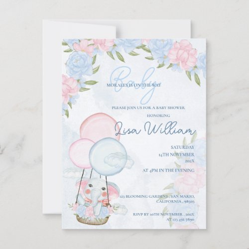 Cute Elephant Balloons Pink Floral Baby Shower  Postcard