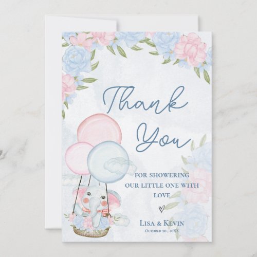 Cute Elephant Balloons Pink Floral Baby Shower  Thank You Card