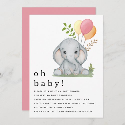 Cute Elephant Balloons Pink Girl Baby Shower Invitation