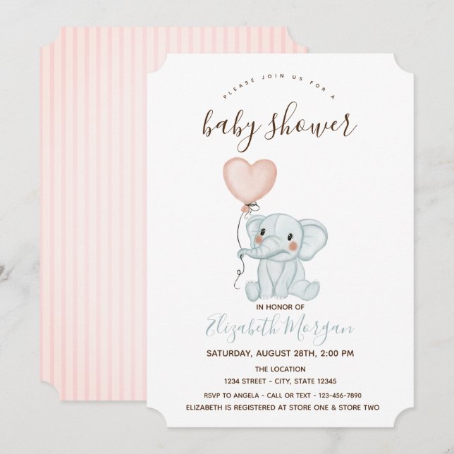 Cute Elephant Balloons Pink Stripes Baby Shower Invitation (Front/Back)