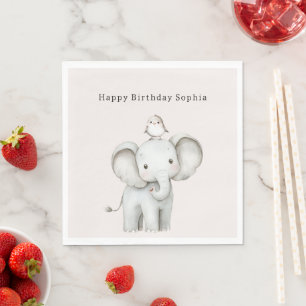 Cute Elephant Bird Birthday Napkins