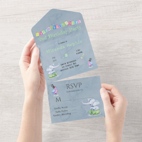 Cute Elephant Bird Butterfly  Birthday Party  All  All In One Invitation