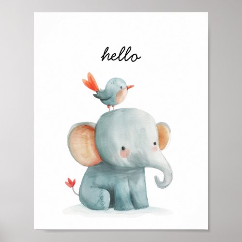 Cute Elephant Bird Hello Watercolor Nursery Poster