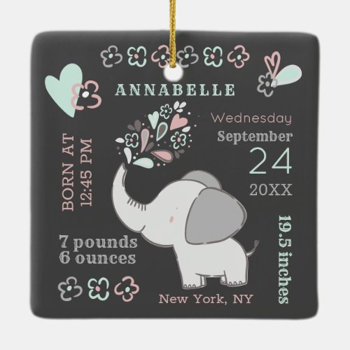 Cute Elephant Birth Stats Babys First Christmas Ceramic Ornament