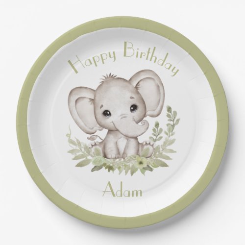 Cute Elephant Birthday Boy Green Paper Plates
