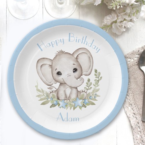 Cute Elephant Birthday Boy Party Paper Plates