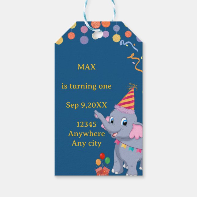 Cute Elephant Birthday  Gift Tags (Front)
