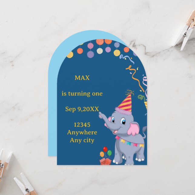 Cute Elephant Birthday Invitation Card (Front/Back In Situ)