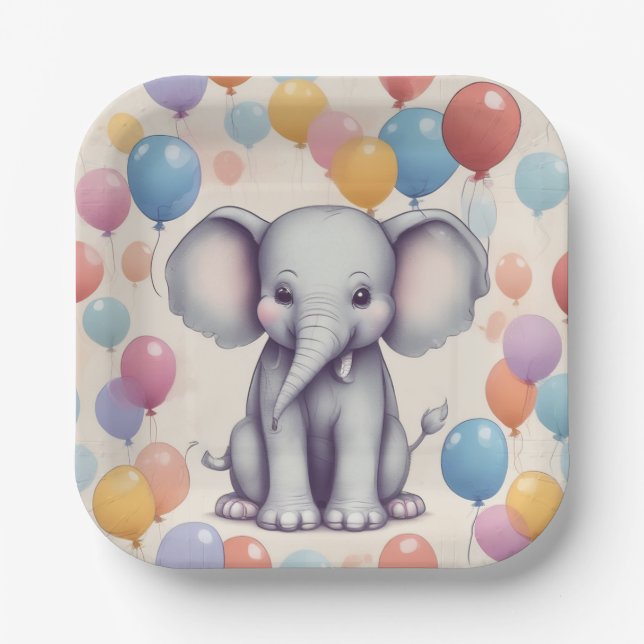 Cute Elephant Birthday Paper Plates (Front)