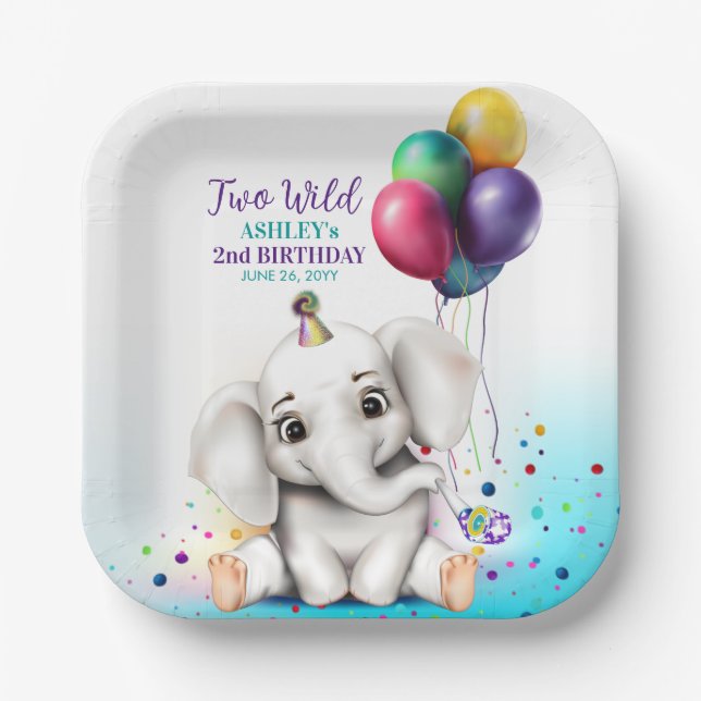 Cute Elephant Birthday Party Paper Plates (Front)