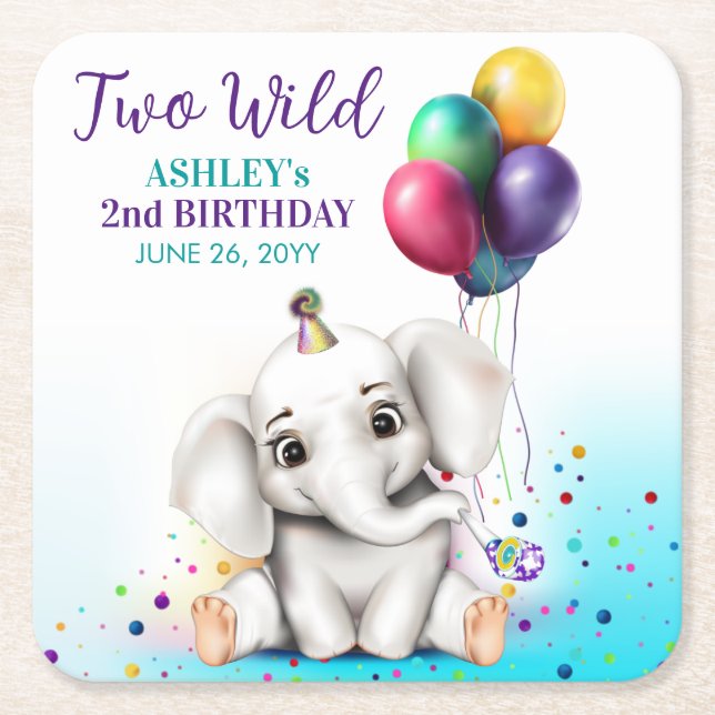Cute Elephant Birthday Party Square Paper Coaster (Front)