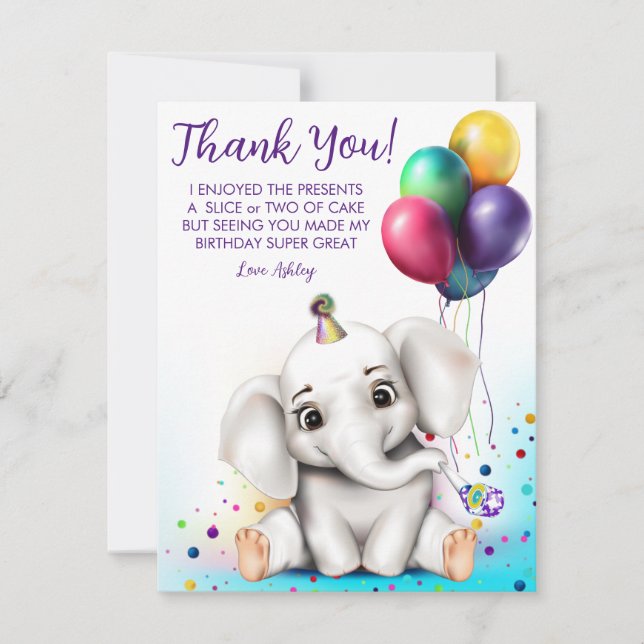 Cute Elephant Birthday Thank You Card (Front)
