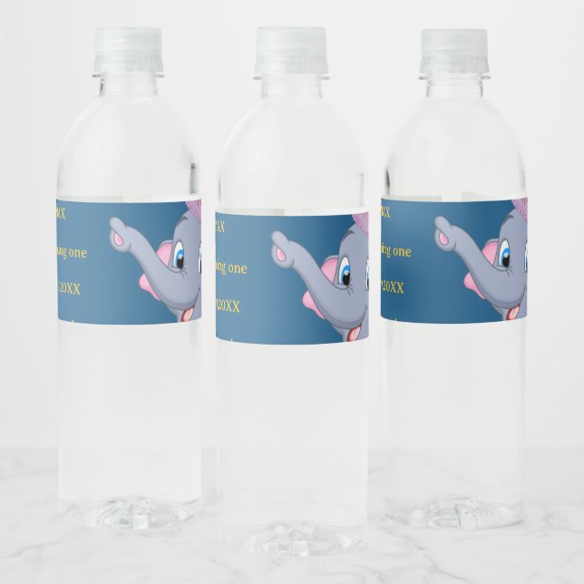 Cute Elephant Birthday  Water Bottle Label (Bottles)