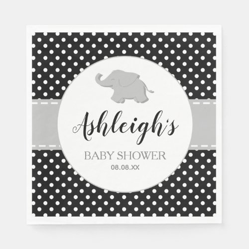 Cute Elephant Black White Polka Dot Baby Shower Napkins