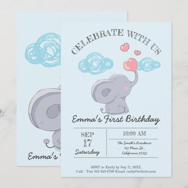 Cute Elephant Blowing Heart Bubbles. Birthday Invitation (Front/Back)
