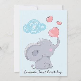 Cute Elephant Blowing Heart Bubbles. Birthday Invitation | Zazzle