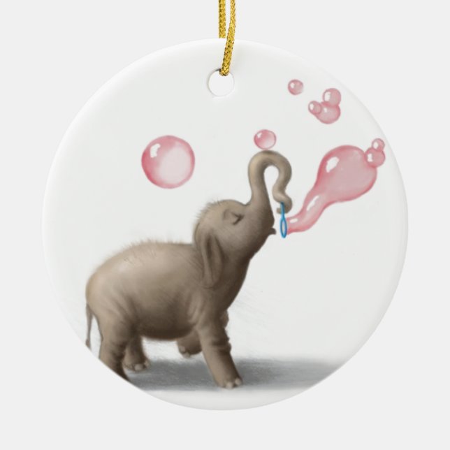 cute elephant blowing pink bubbles ceramic ornament (Front)