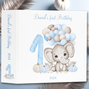 Cute Elephant Blue 1st Birthday Boy Photo Album 3 Ring Binder