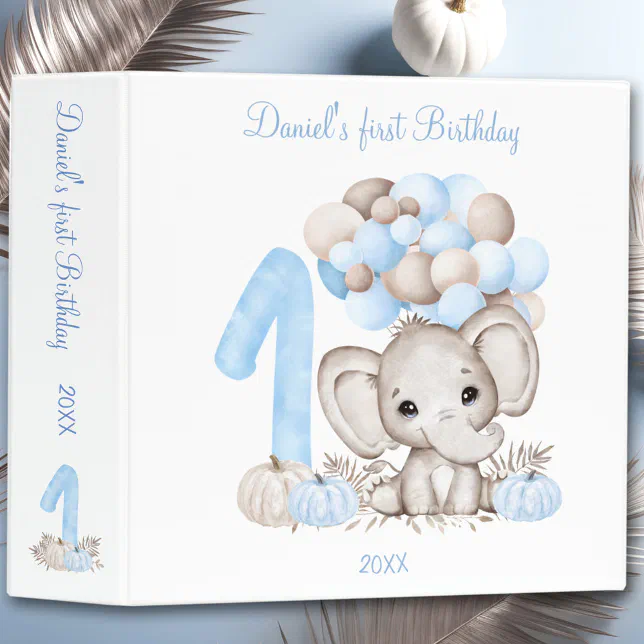 Cute Elephant Blue 1st Birthday Boy Photo Album Ring Binder Zazzle