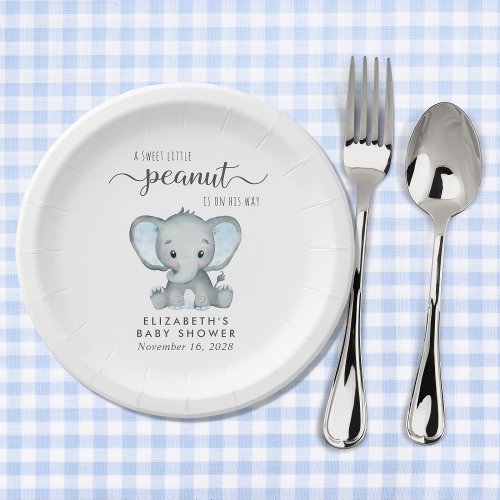 Cute Elephant Blue Baby Boy Shower Paper Plates