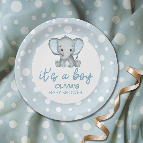 Cute Elephant blue Baby Shower Paper Plates