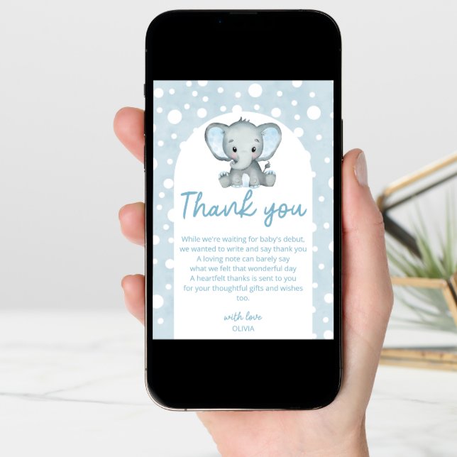 Cute Elephant blue Baby Shower Thank you Card (Front Digital)