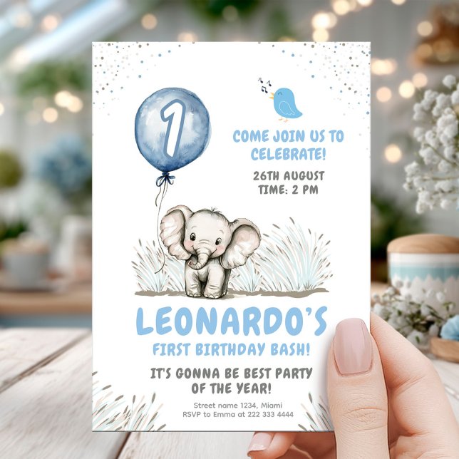 Cute Elephant Blue Balloon 1st Birthday Invitation (Creator Uploaded)
