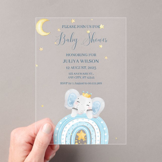 Cute elephant  blue boy baby shower  acrylic invitations (Insitu (Handheld))